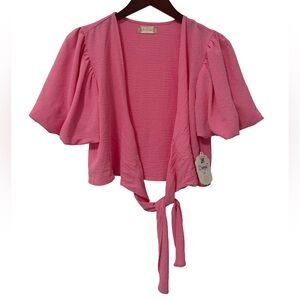 Altar’d State Women’s Small Neon Pink Puff Sleeve Tie Front Top NWT